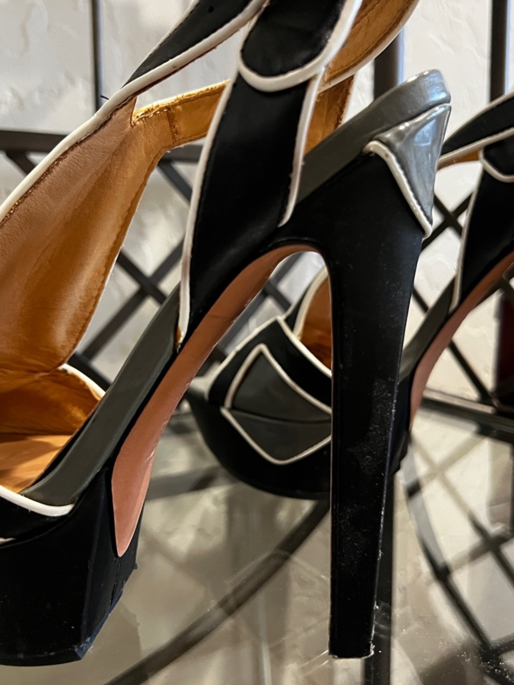 L.A.M.B. Black, White & Gray Houndstooth Platform Heels with Ankle Strap - Picture 5 of 6